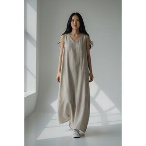 XCIT Made in USA Linen Long Maxi Dress Women XL Tall Beige Tunic Lagenlook Coast